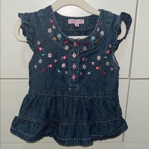 VINTAGE Y2K Cre8ions Denim Ruffle Dress with Flower Embroidery and Pink Buttons
